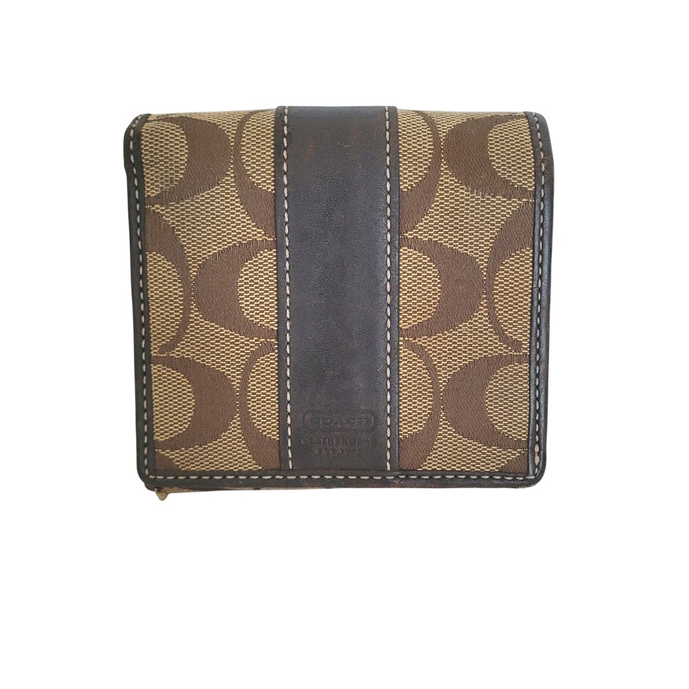 Coach Wallet Canvas Leather Signature Bifold 4x3 Small Beige Tan Compact Logo